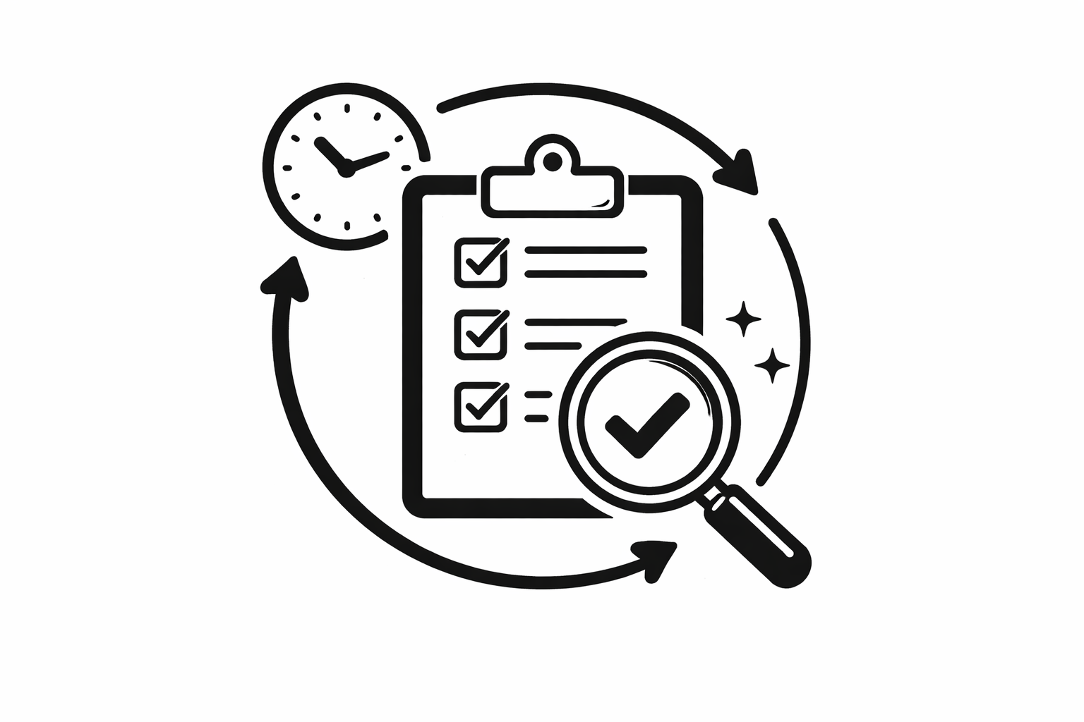 Ilustración de seguimiento continuo con lista de control, reloj y lupa.